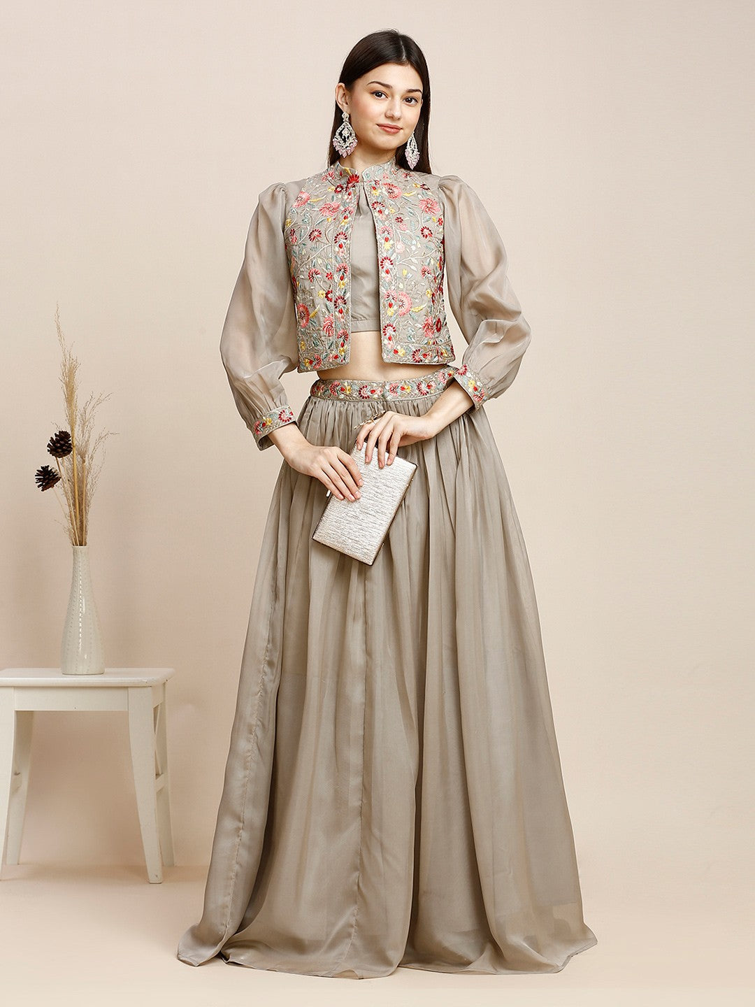 Grey Cotton Embroidered Lehenga Choli For Women