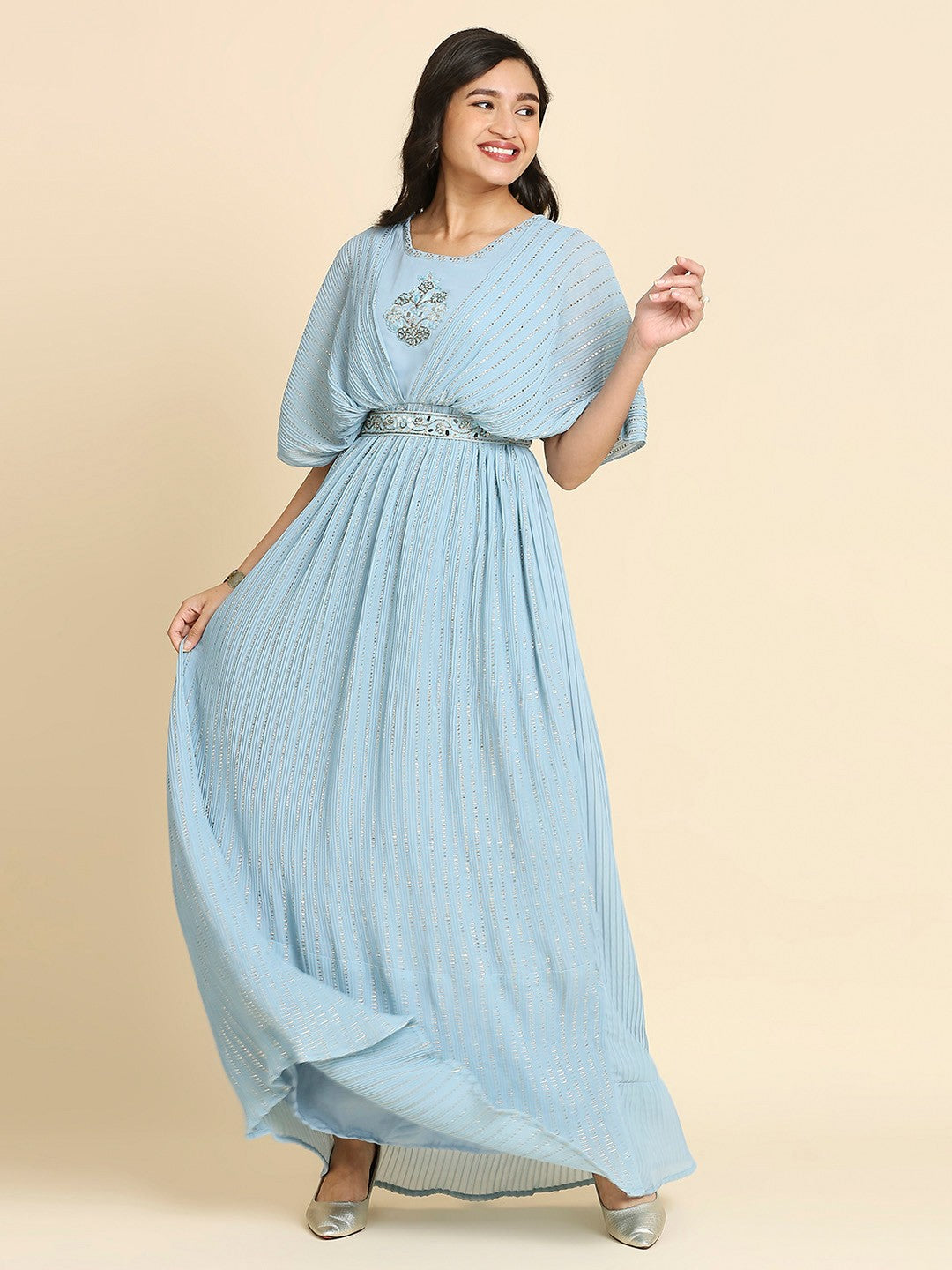 Sky Blue Georgette Long Gown With Belt