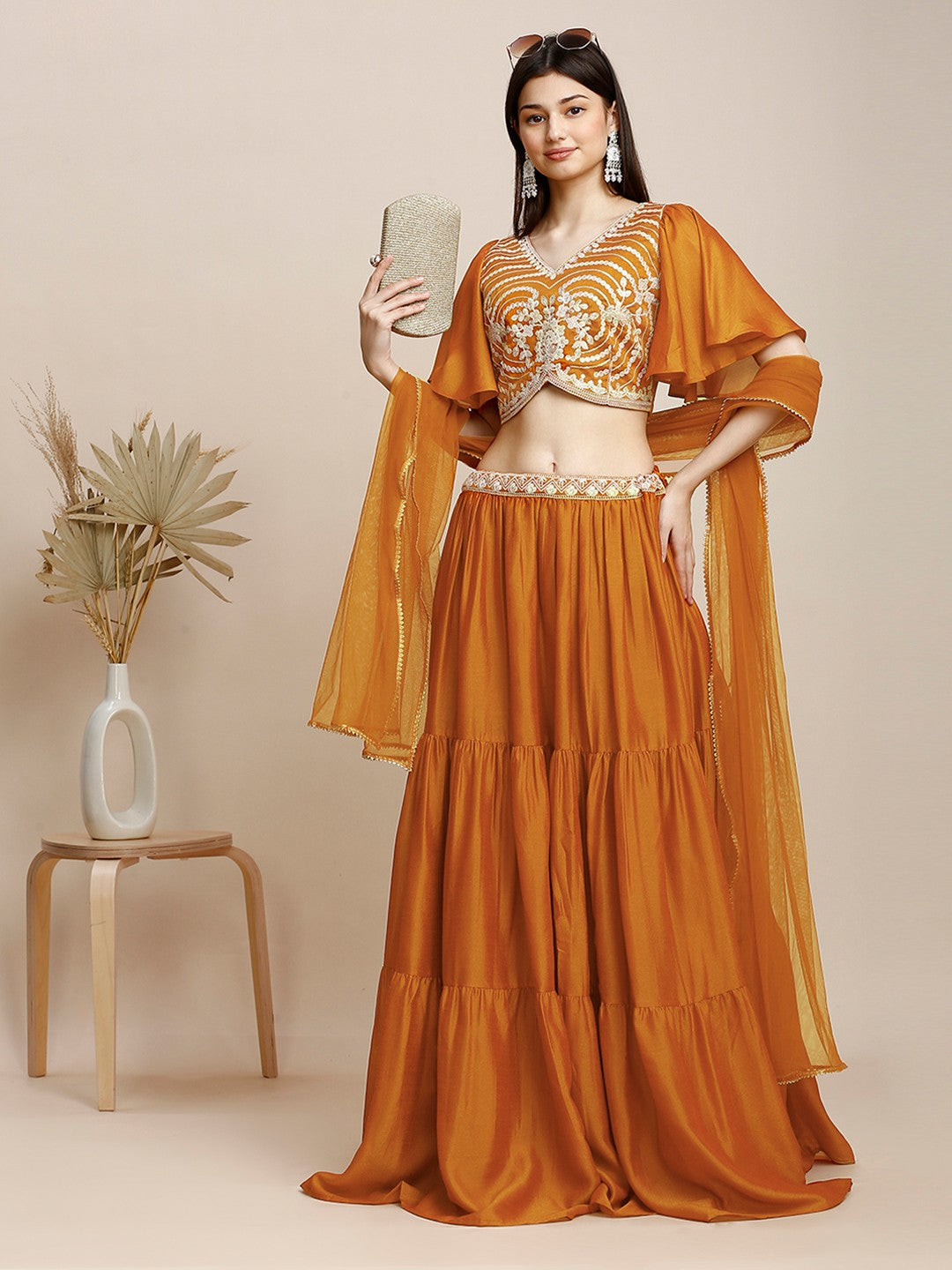 Orange Silk Embroidered Lehenga & Blouse For Women With Dupatta