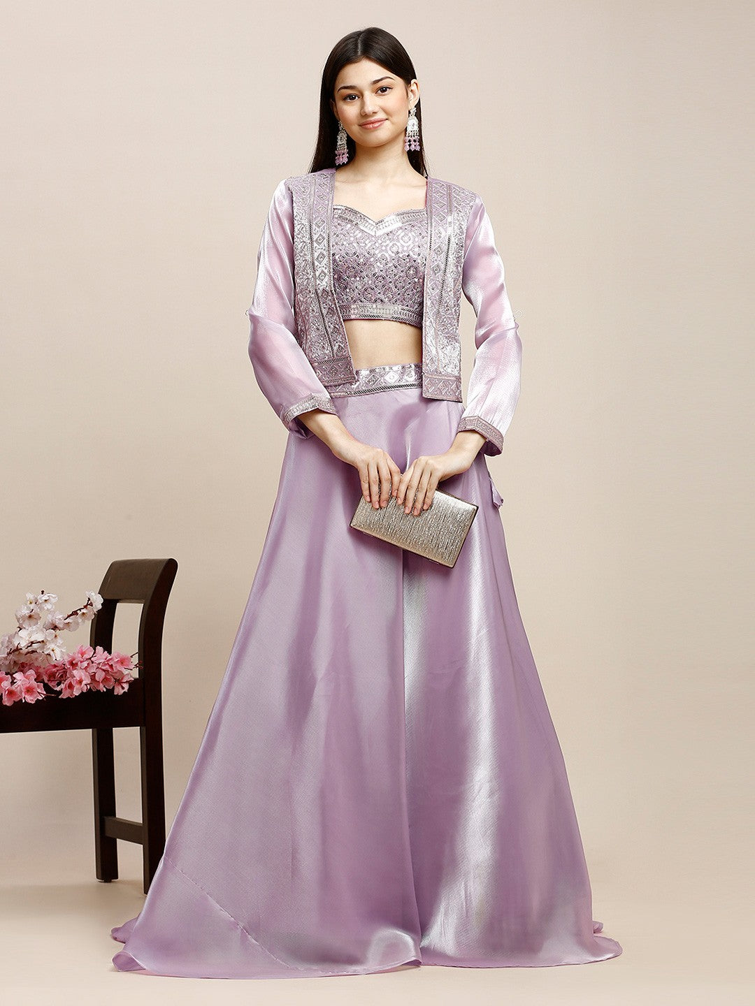Lavender & Silver Silk Lehenga Blouse For Women With Jacket
