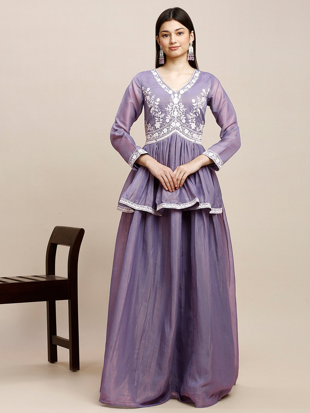 Lavender Crepe Long Gown Dress for Women