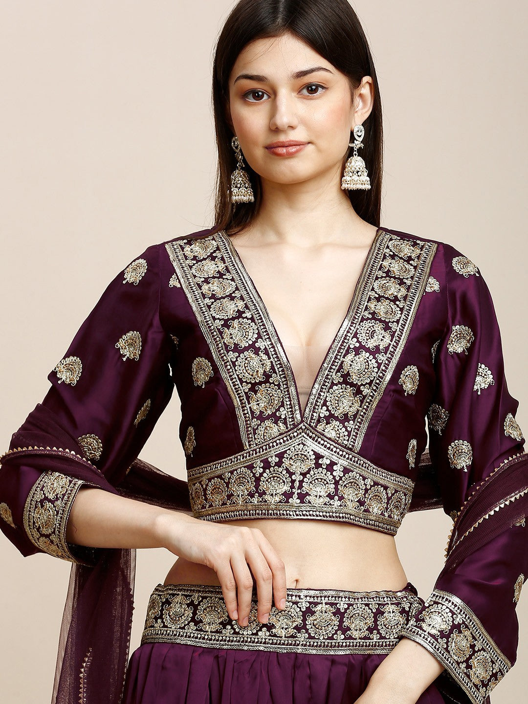 Maroon Silk Lehenga & Blouse For Women With Dupatta