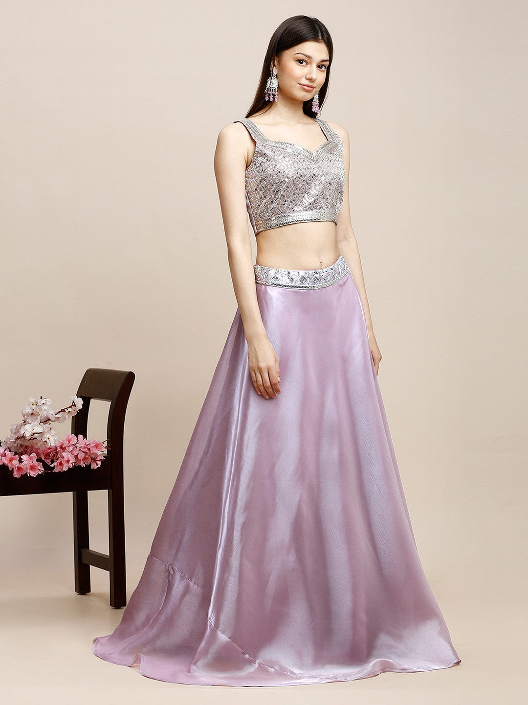 Lavender & Silver Silk Lehenga Blouse For Women With Jacket