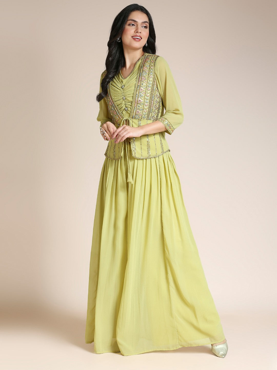 Yellow Georgette Plazzo Set For Women With Top & Jacket