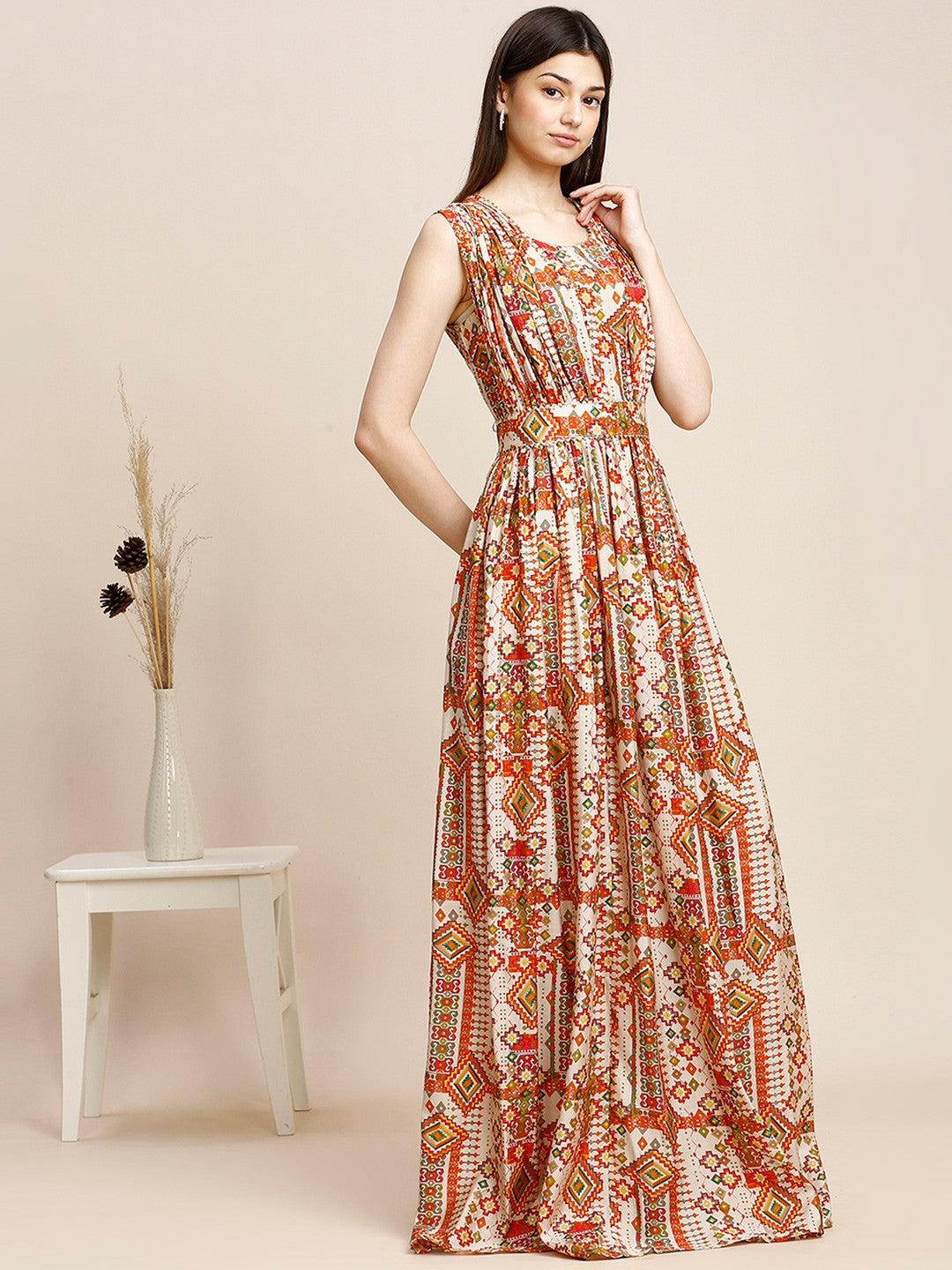 Beige Printed Chanderi Long Gown