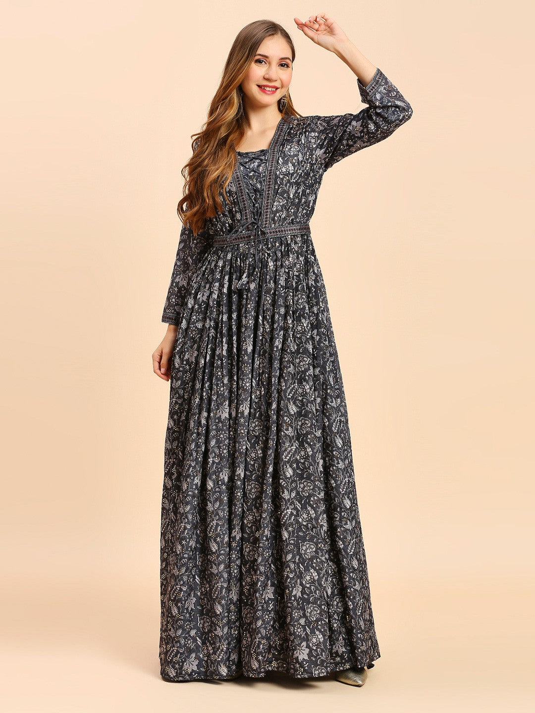 Black Floral Printed Long Gown Dress For Women