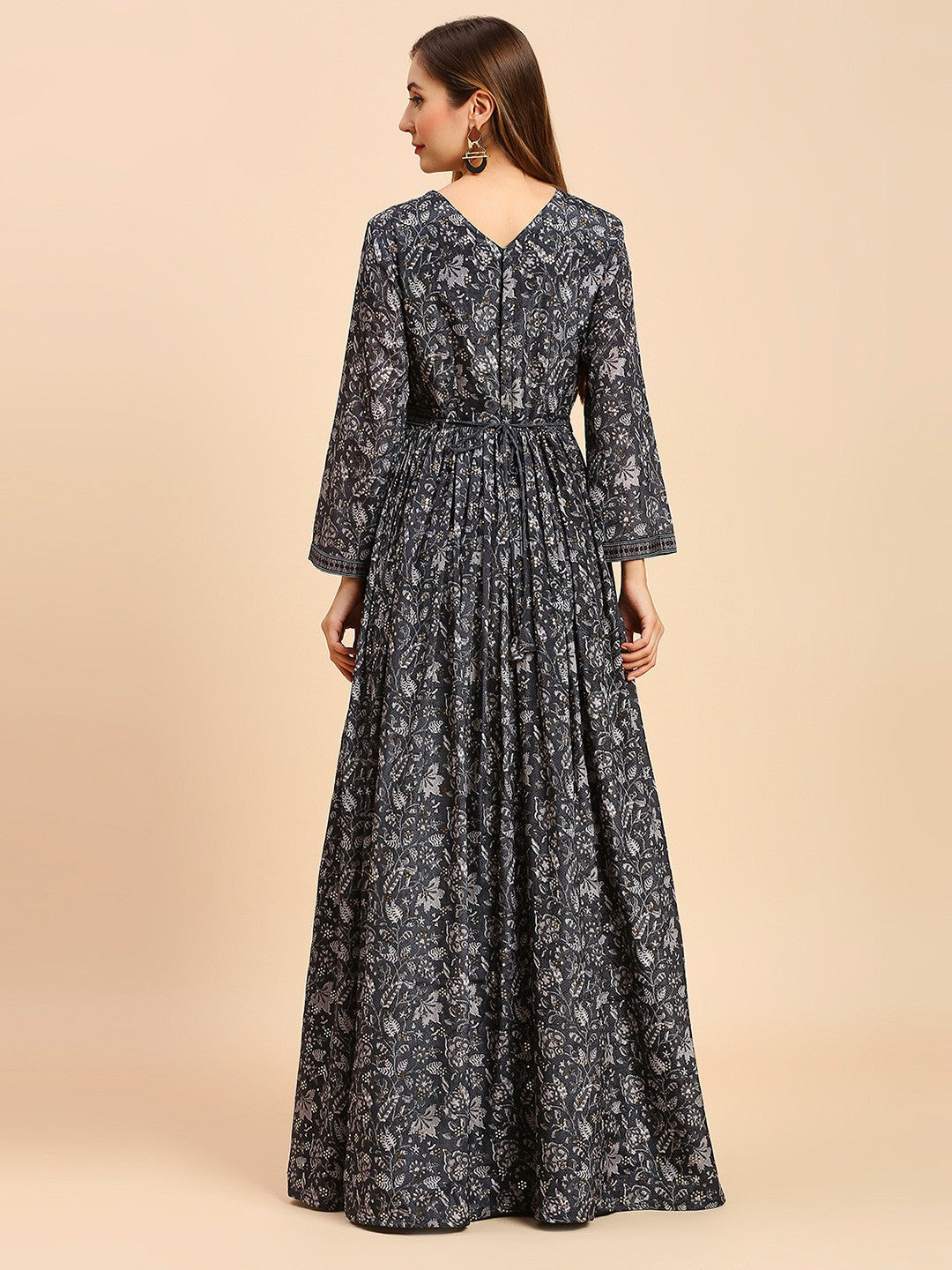 Black Floral Printed Long Gown Dress For Women
