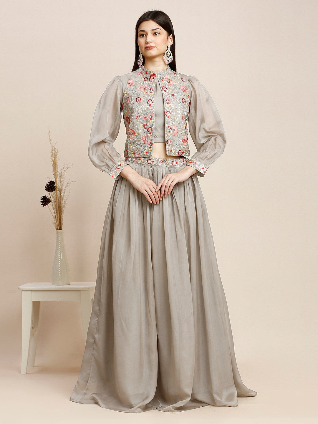 Grey Cotton Embroidered Lehenga Choli For Women