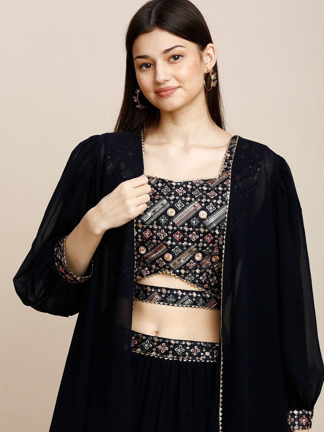 Navy Blue Georgette Lehenga Choli For Women With Shrug
