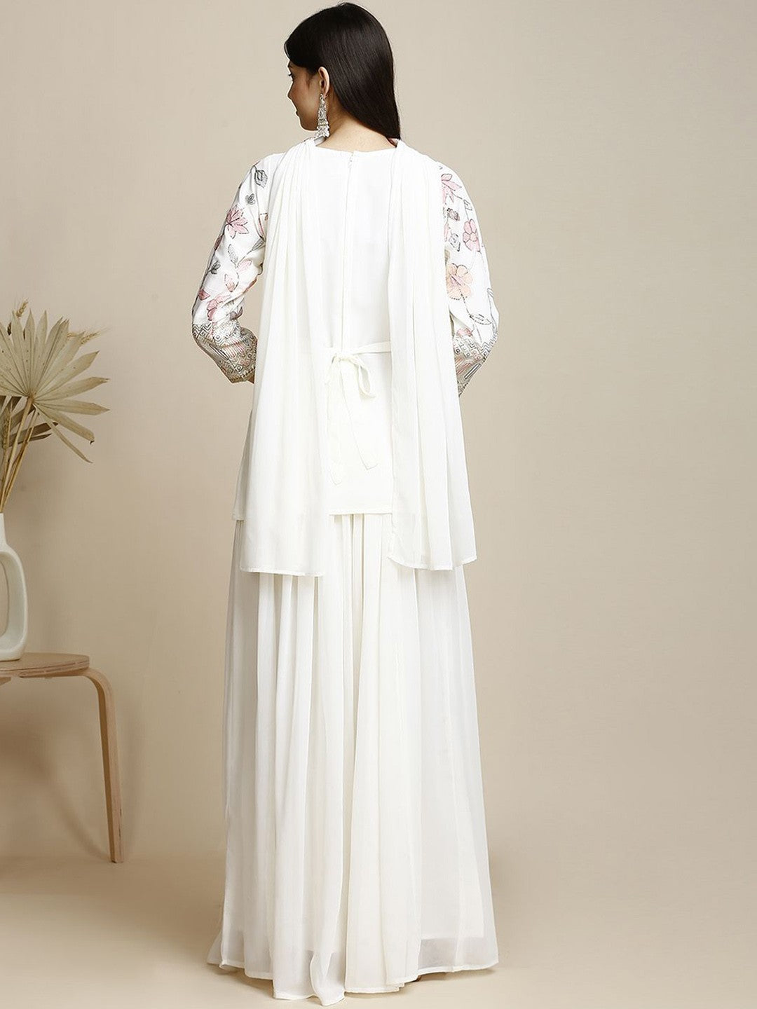White Georgette Kurta Set With Plazzo & Dupatta