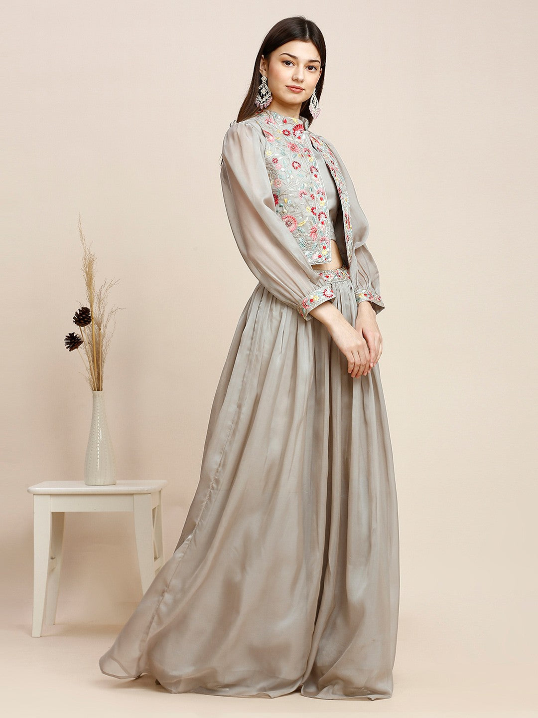 Grey Cotton Embroidered Lehenga Choli For Women
