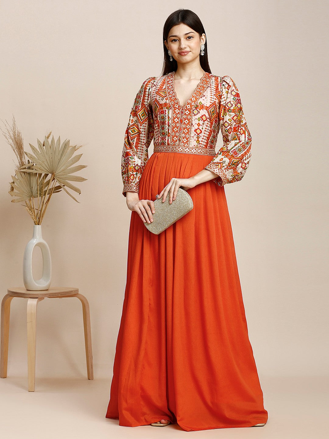 Orange Silk Puff Sleeve Long Gown