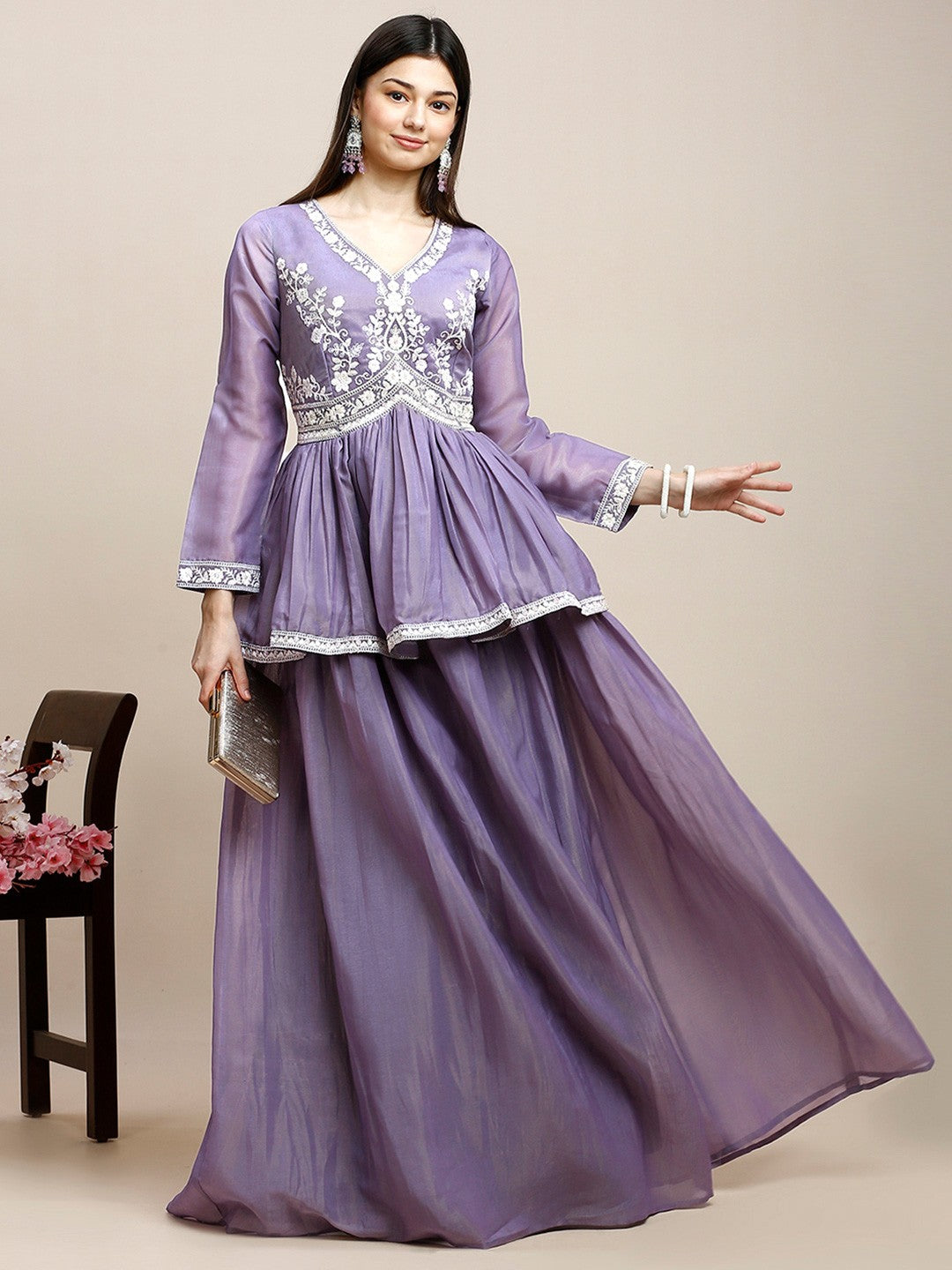 Lavender Crepe Long Gown Dress for Women