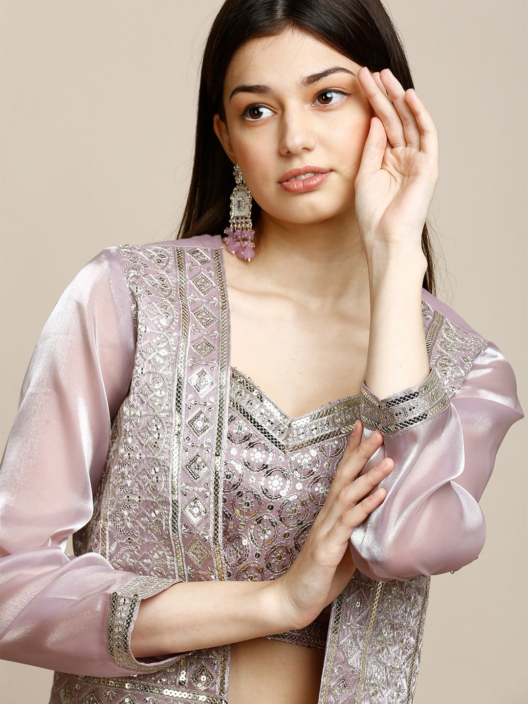 Lavender & Silver Silk Lehenga Blouse For Women With Jacket