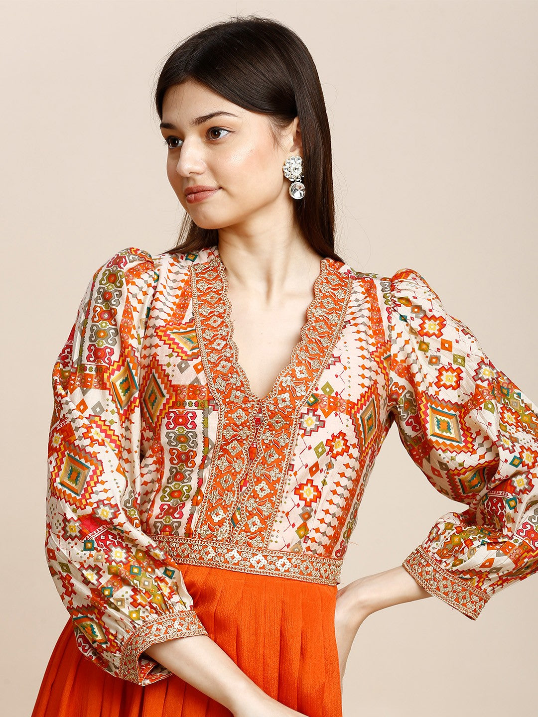 Orange Silk Puff Sleeve Long Gown