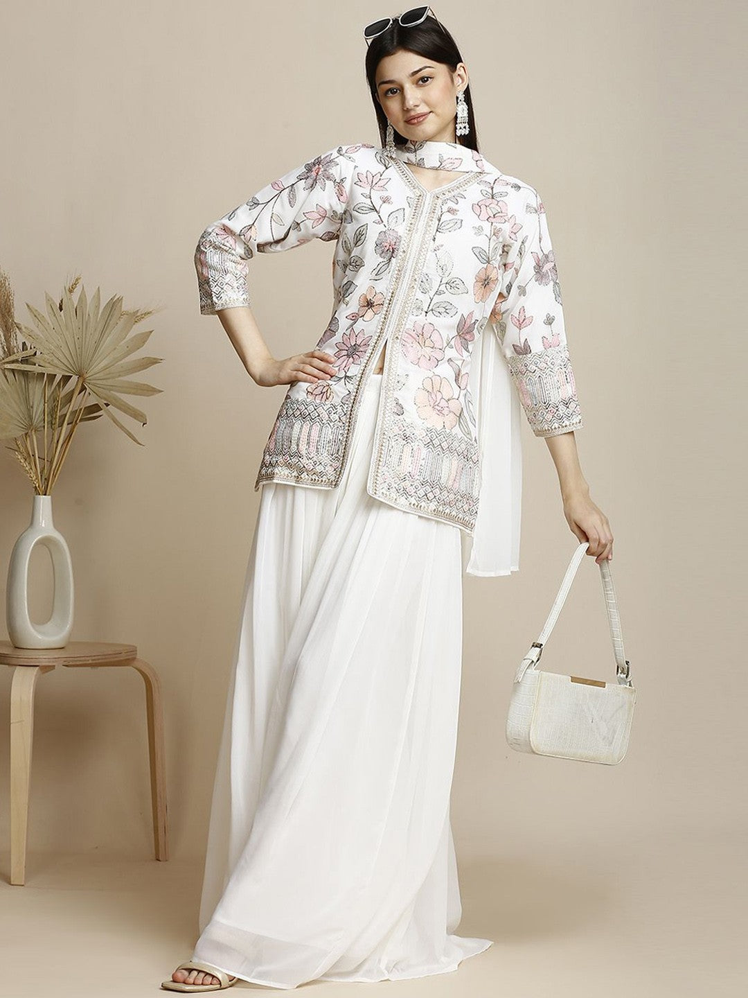 White Georgette Kurta Set With Plazzo & Dupatta