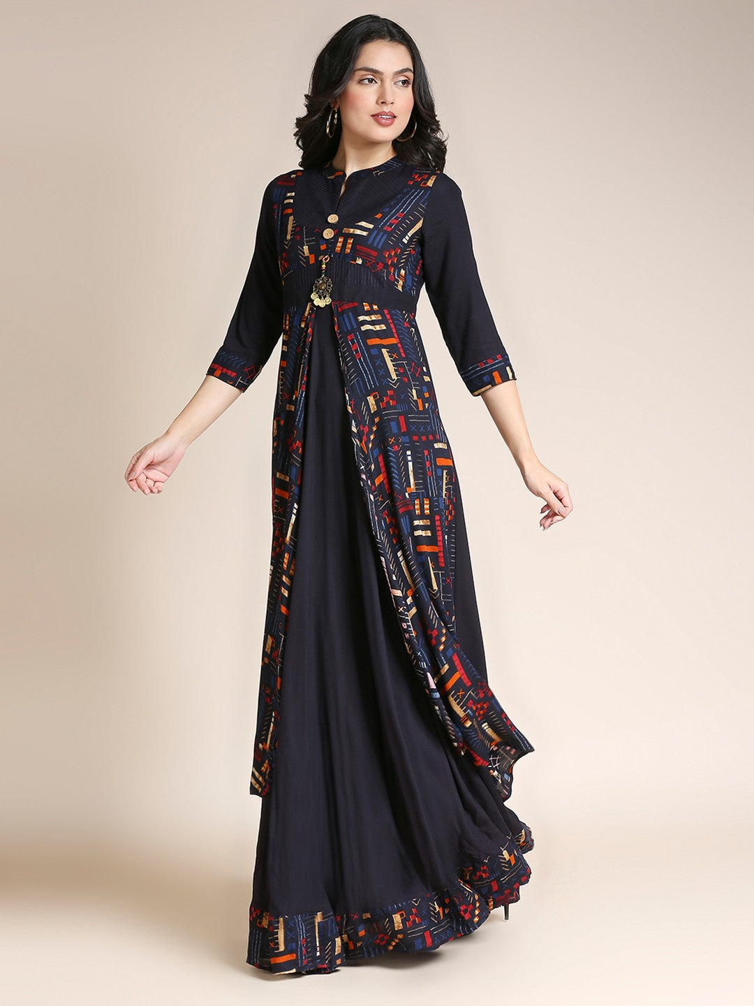 NavyBlue Printed Rayon Long Gown Dress For Women