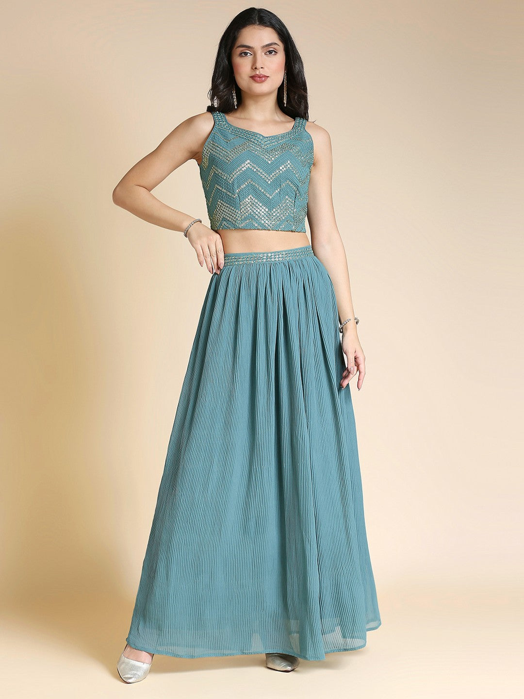 Teal & Gold Georgette Lehenga Choli For Women With Shrug