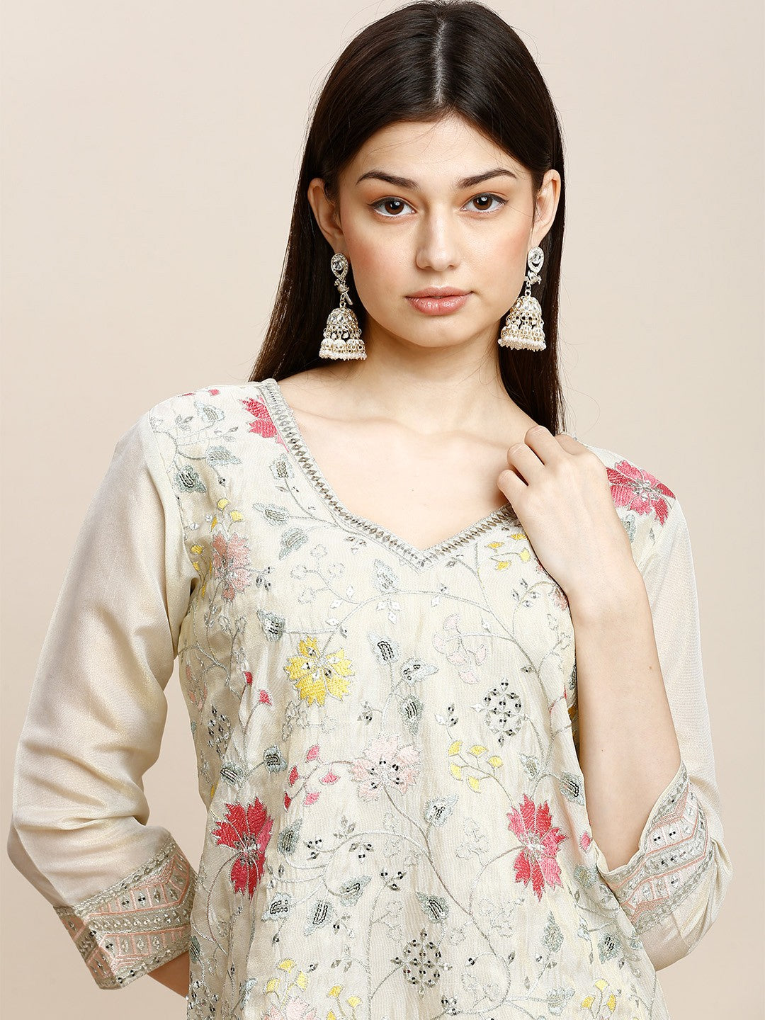 White Poly Silk Kurta Sets For Women With Sharara & Dupatta
