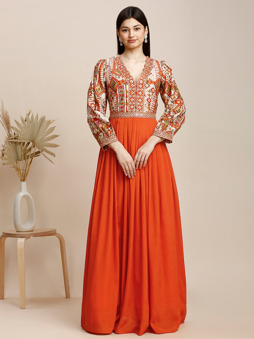 Orange Silk Puff Sleeve Long Gown
