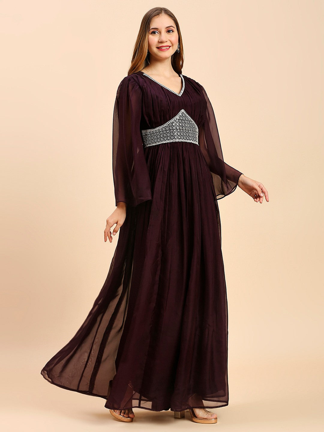 Coffee Brown Satin Long Gown