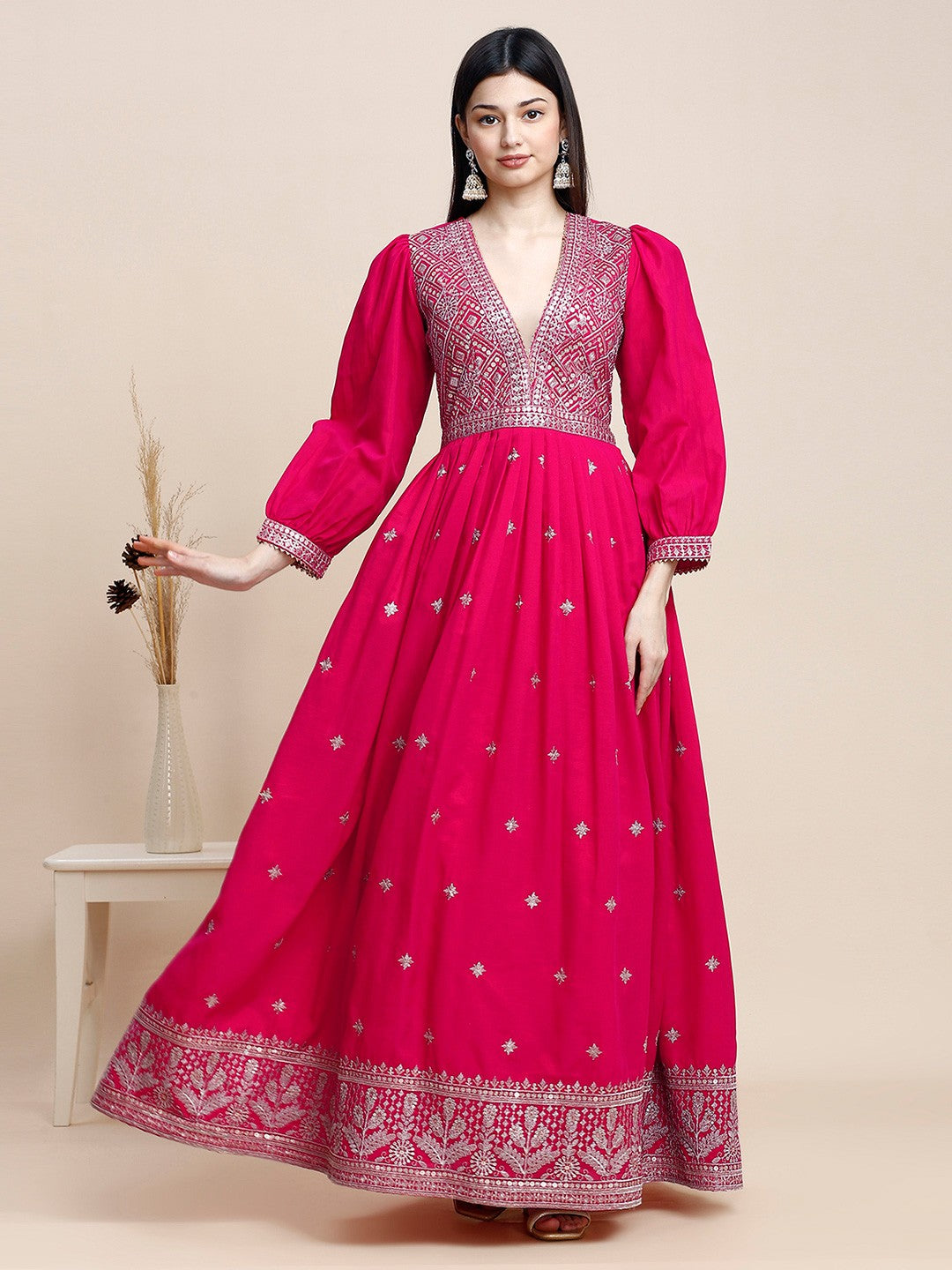 Pink Crepe Puff Sleeves Anarkali Long Gown