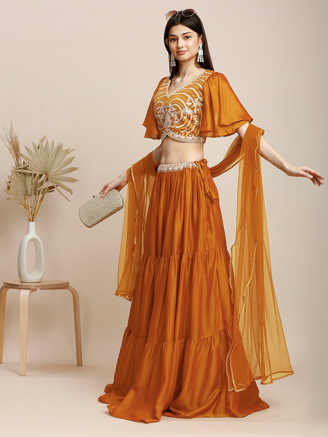 Orange Silk Embroidered Lehenga & Blouse For Women With Dupatta
