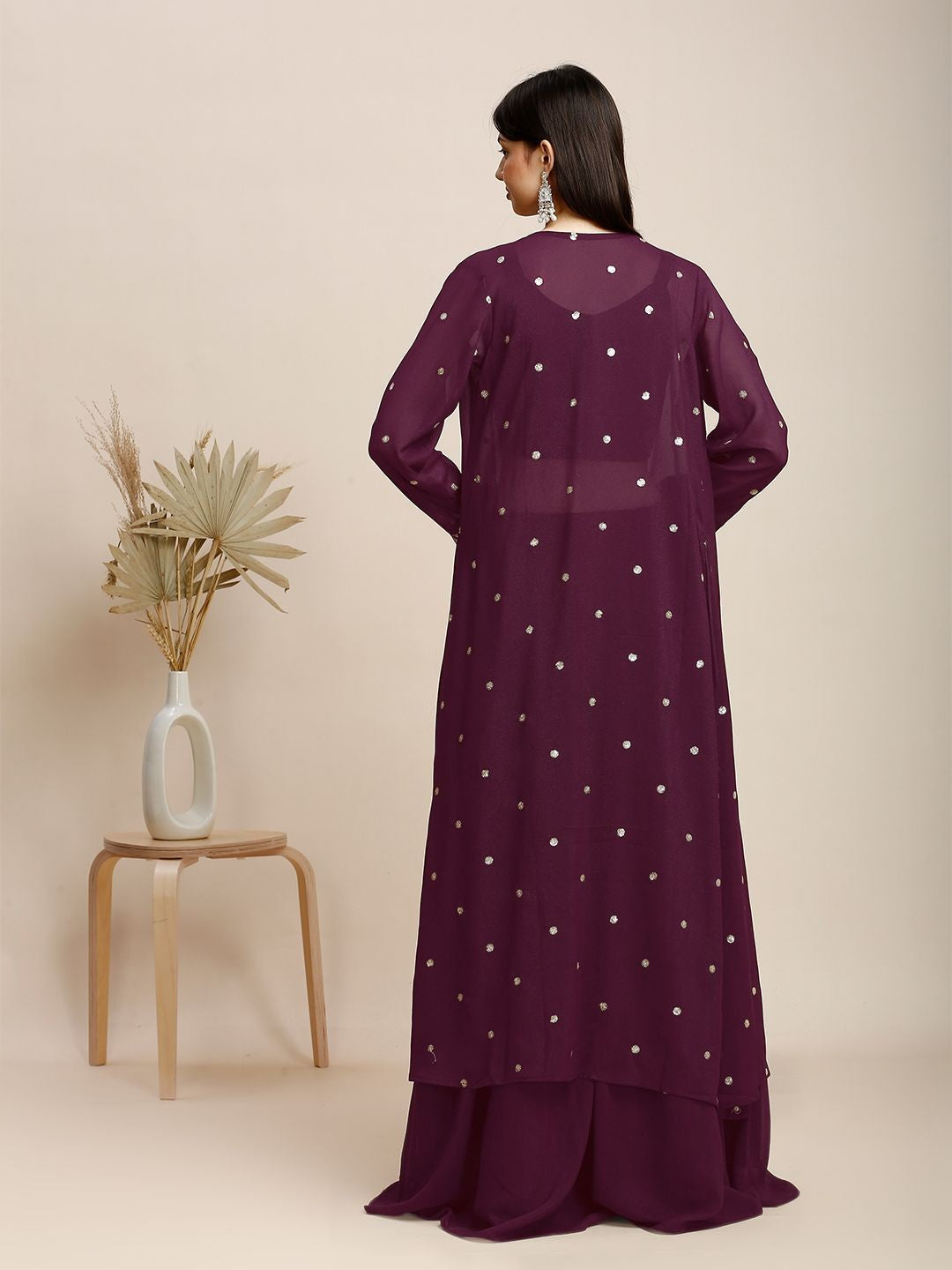 Maroon Silk & Georgette Plazzo Set For Women With Top & Shrug