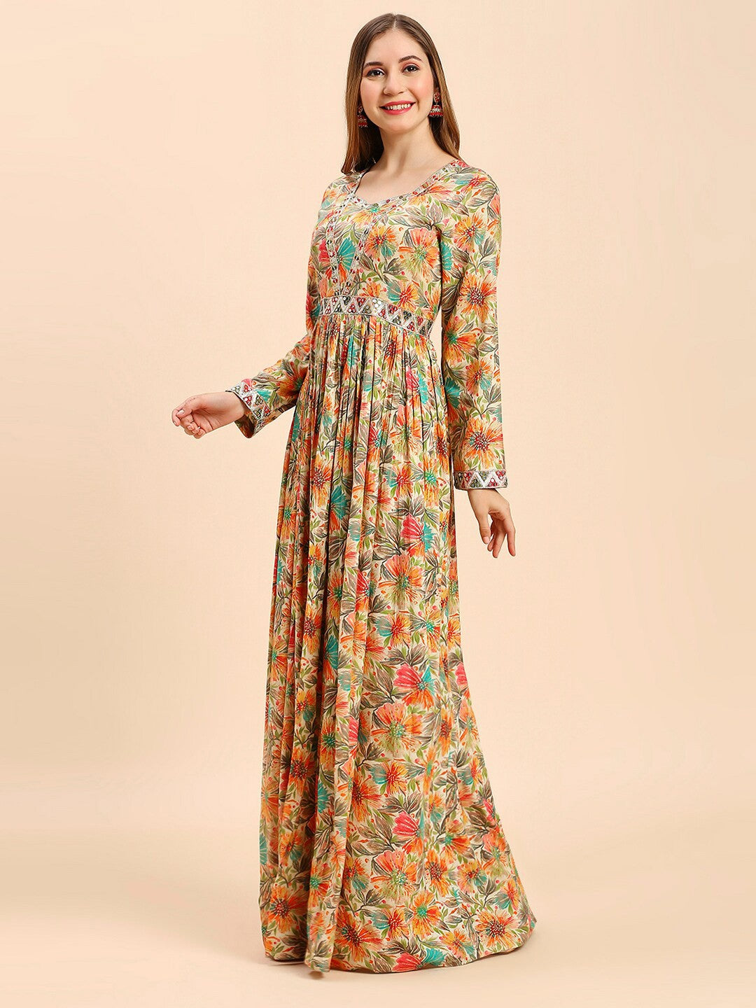 Floral Printed Rayon Long Gown Dress For Women