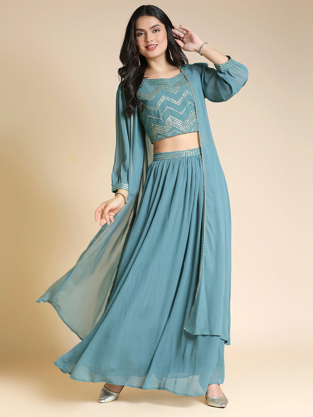 Teal & Gold Georgette Lehenga Choli For Women With Shrug
