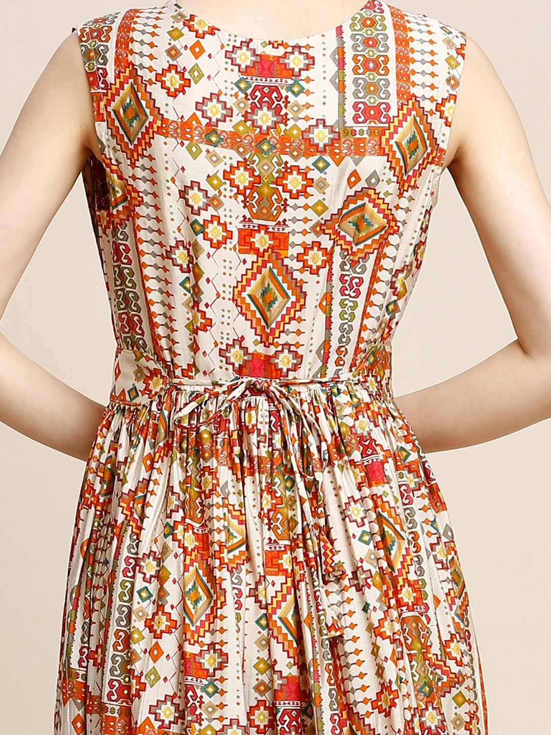 Beige Printed Chanderi Long Gown