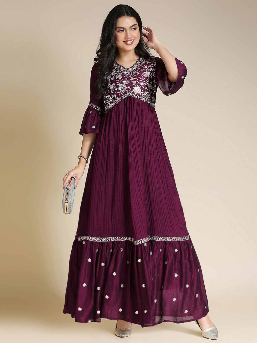 Maroon Satin Anarkali Long Gown