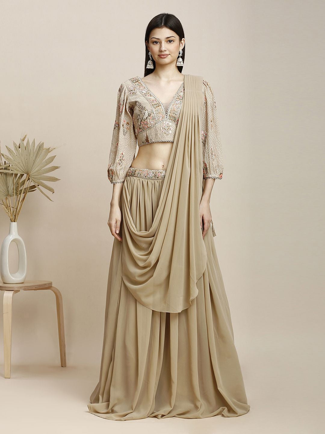 Beige Georgette Lehenga & Blouse For Women With Dupatta
