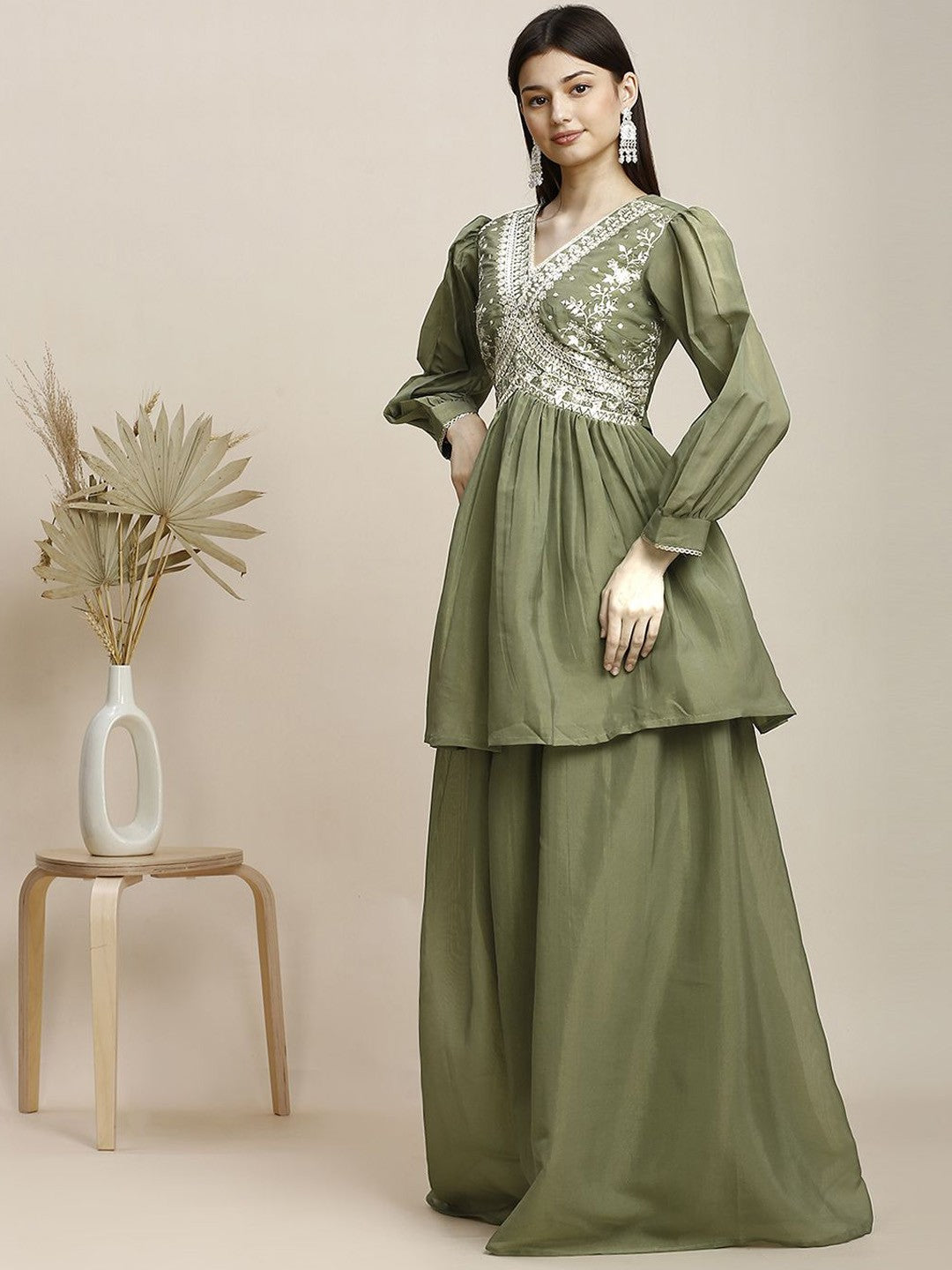 Green Silk Plazzo Set For Women With Top
