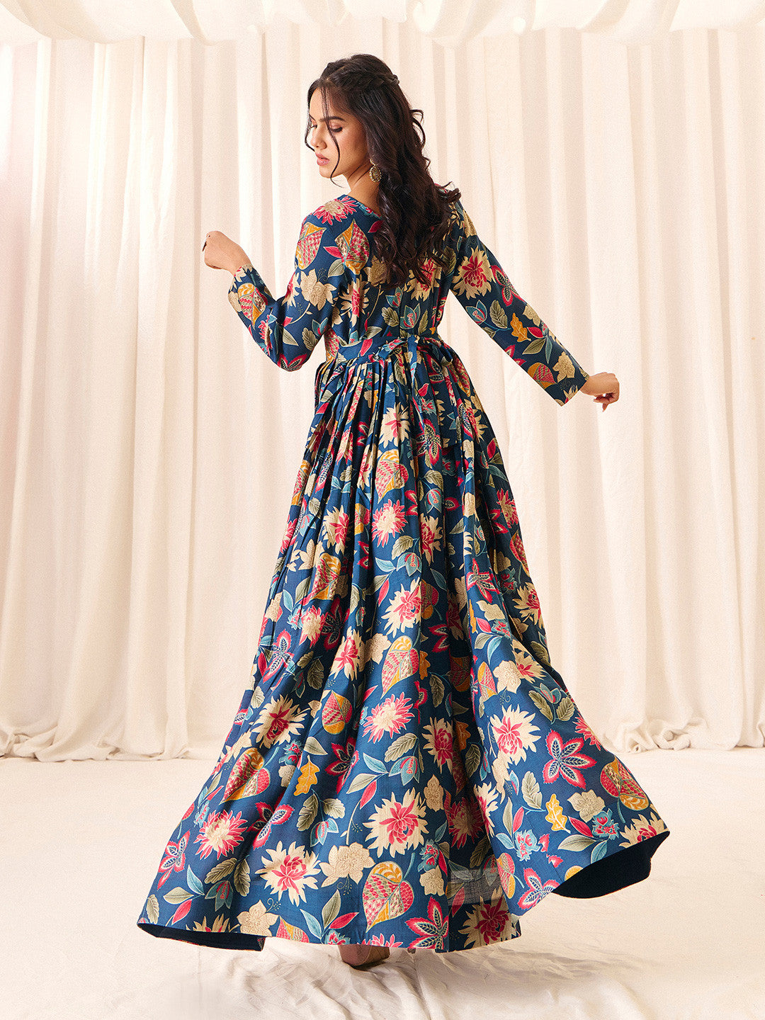 Navy Blue Flower Printed Rayon Anarkali Long Gown | Perfect For Parties, Engagements & Weddings