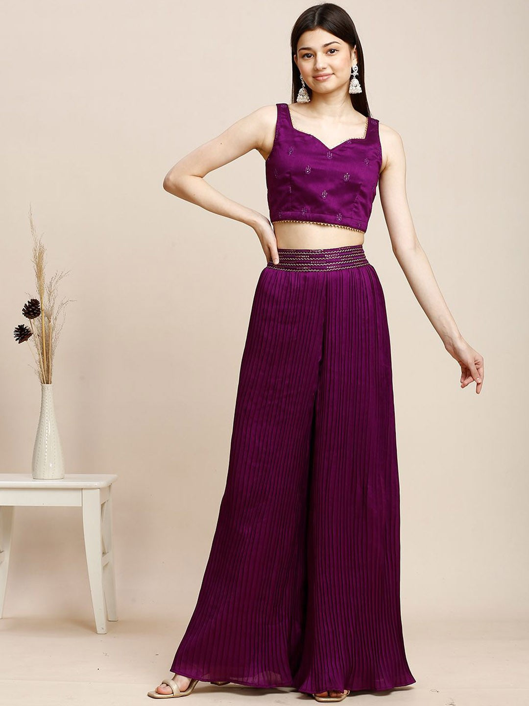 Purple Silk Plazzo Set For Women With Top & Jacket