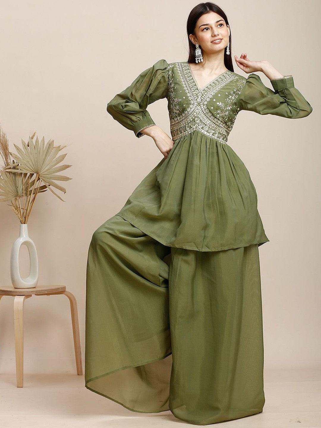 Green Silk Plazzo Set For Women With Top