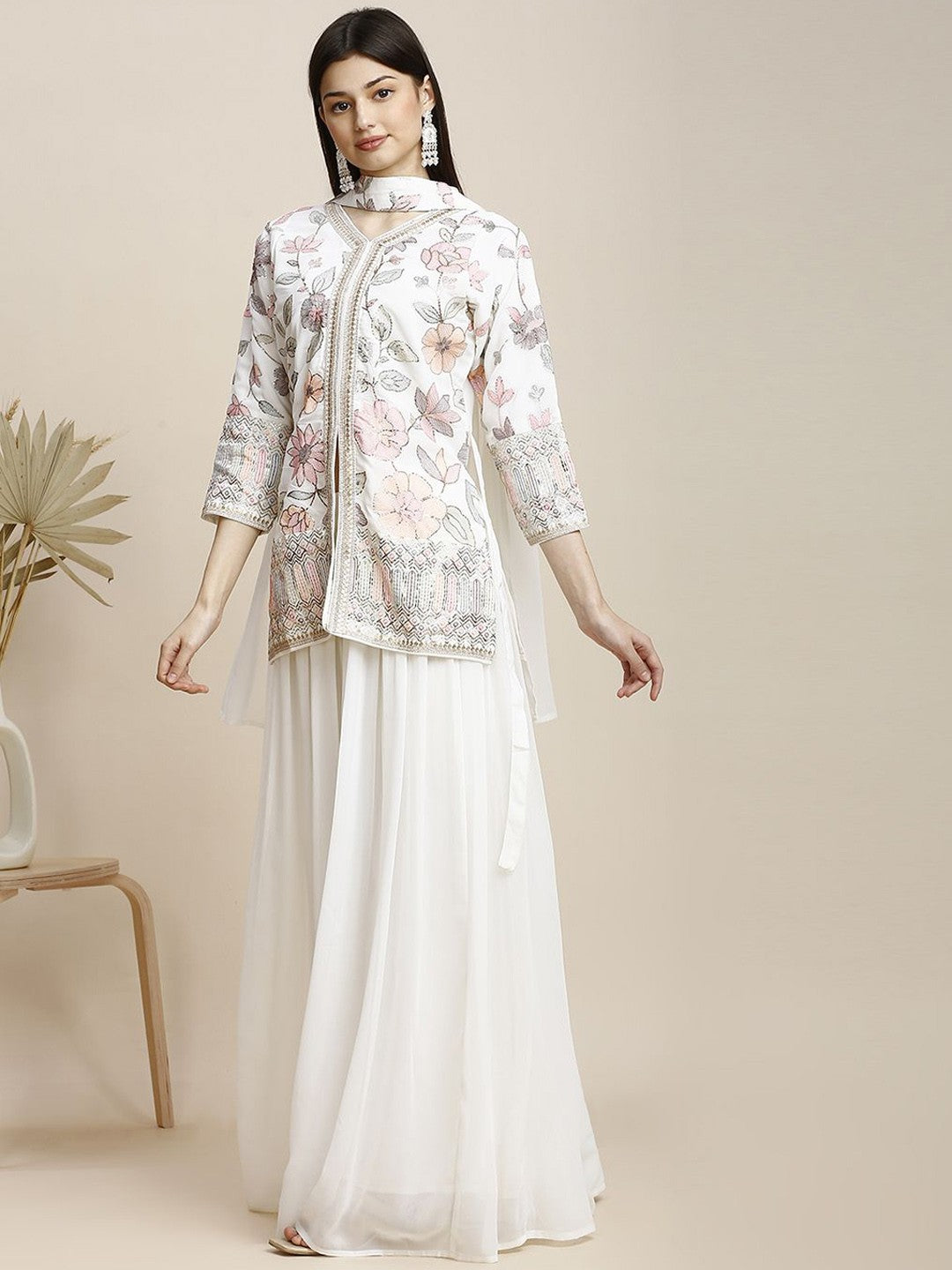 White Georgette Kurta Set With Plazzo & Dupatta