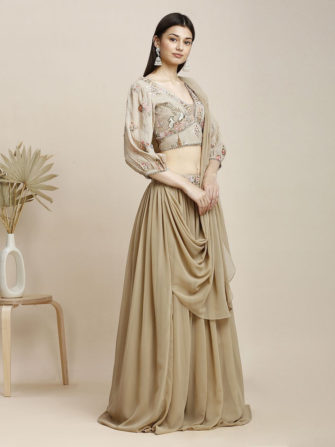 Beige Georgette Lehenga & Blouse For Women With Dupatta