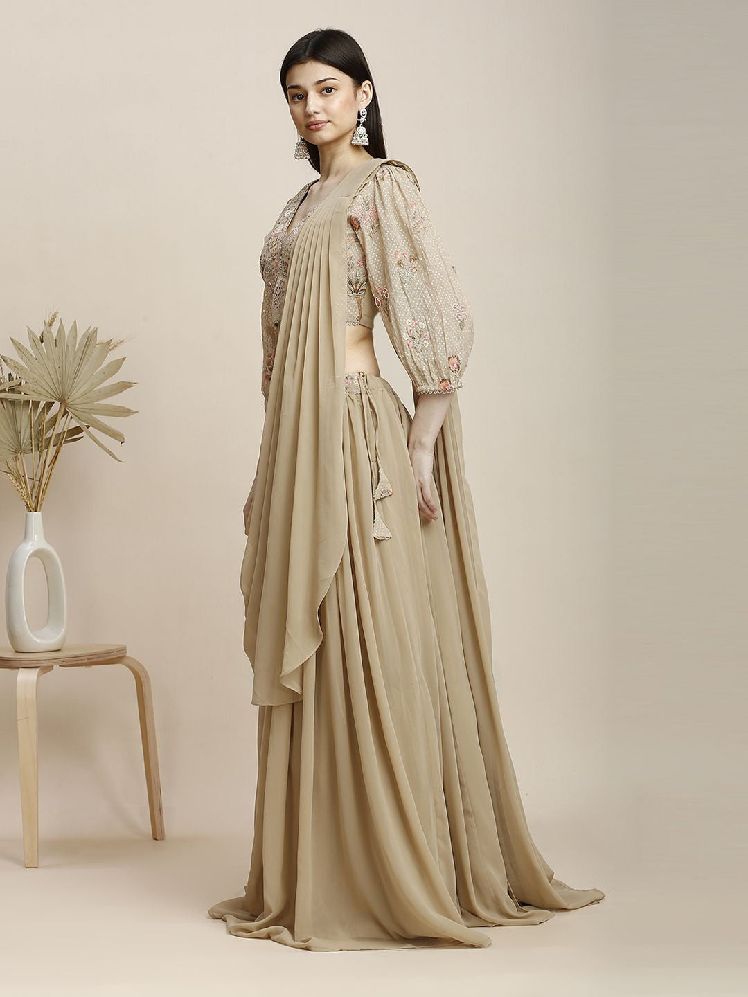 Beige Georgette Lehenga & Blouse For Women With Dupatta