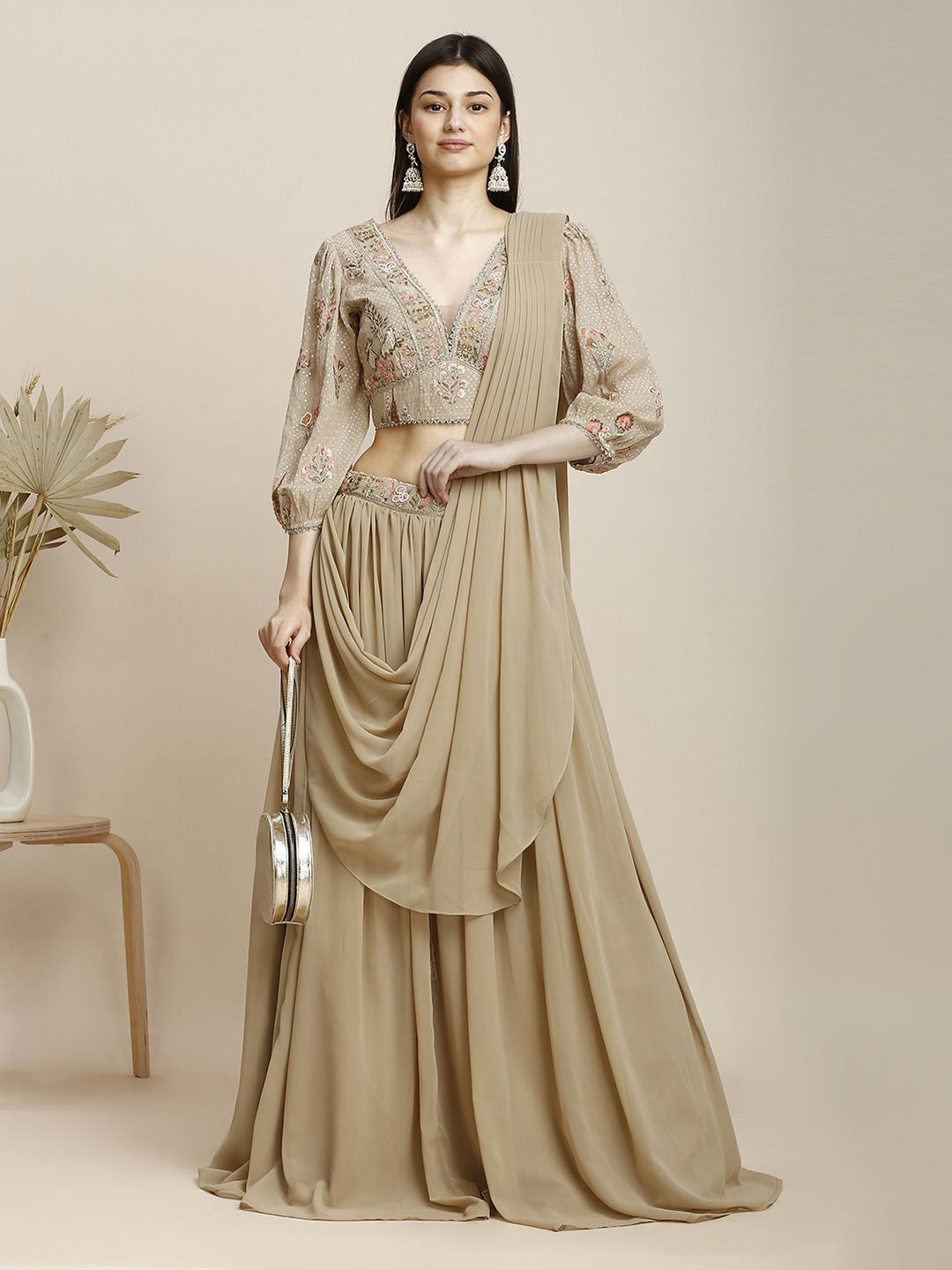 Beige Georgette Lehenga & Blouse For Women With Dupatta