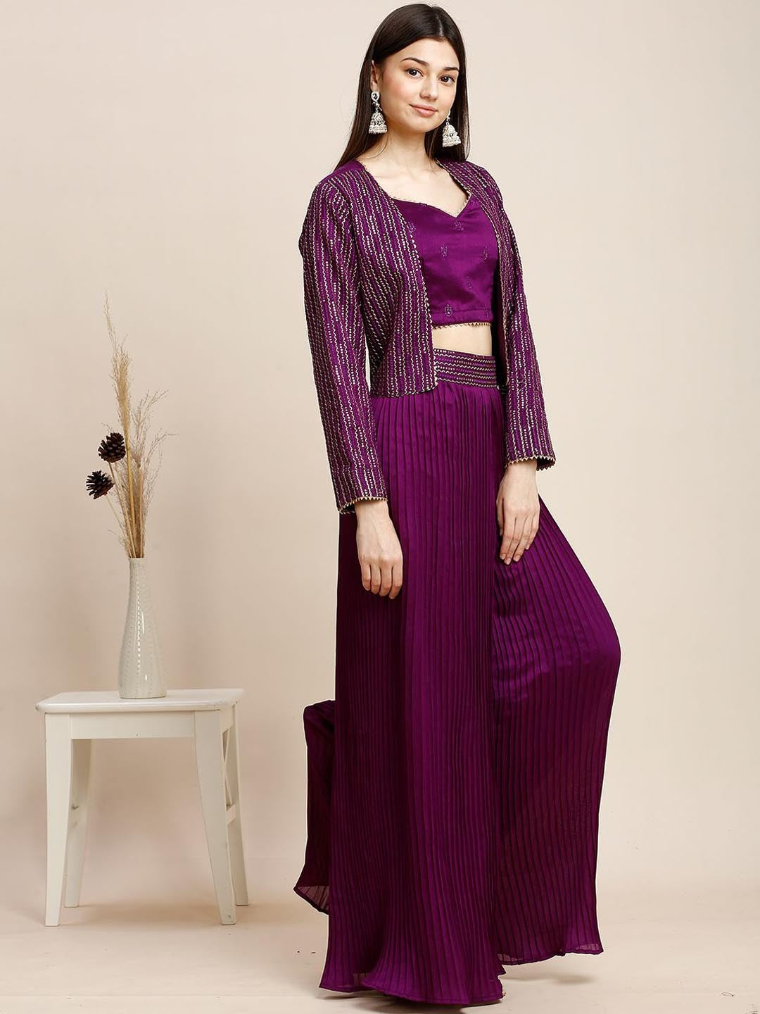 Purple Silk Plazzo Set For Women With Top & Jacket