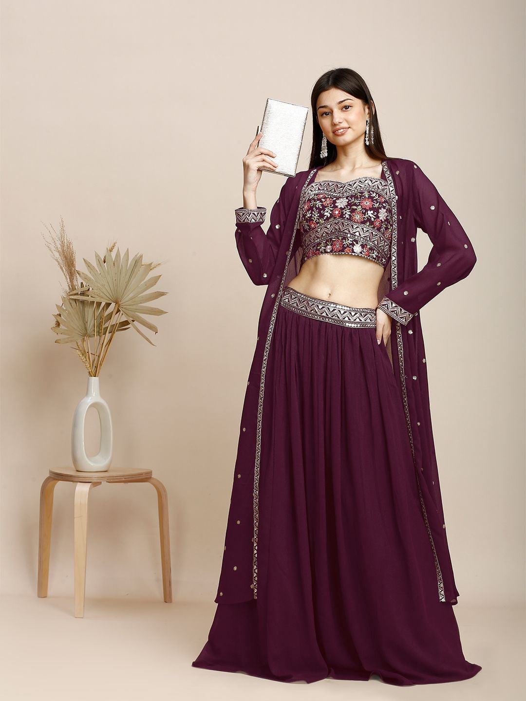 Maroon Silk & Georgette Plazzo Set For Women With Top & Shrug