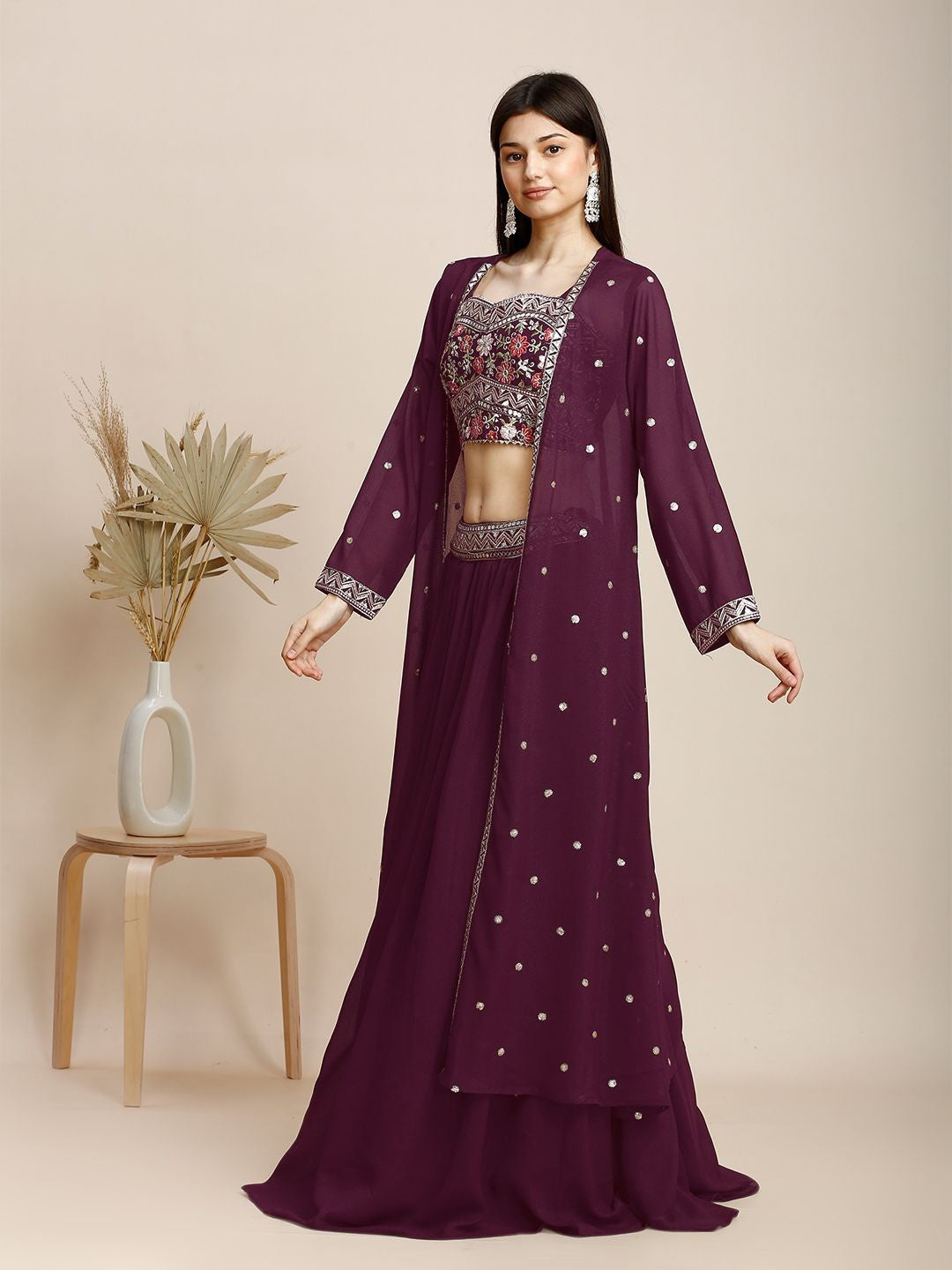 Maroon Silk & Georgette Plazzo Set For Women With Top & Shrug