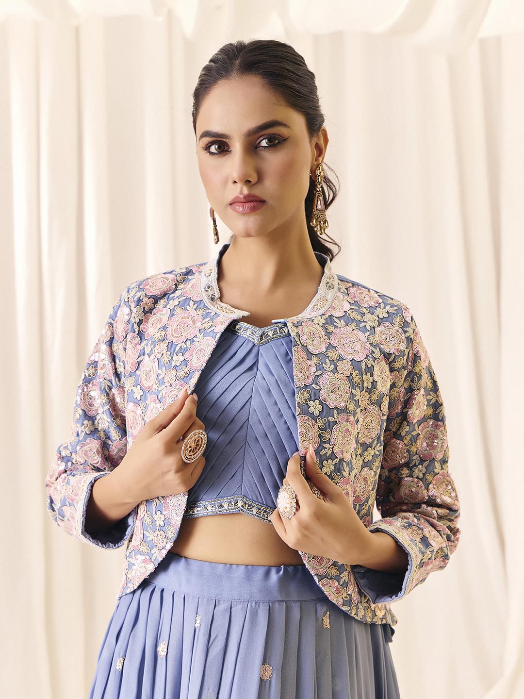 Choli Skirt Koti Set for Women | V-Neck Embroidered Indo Western Ethnic Outfit | Lehenga Dress with Jacket | M-2572