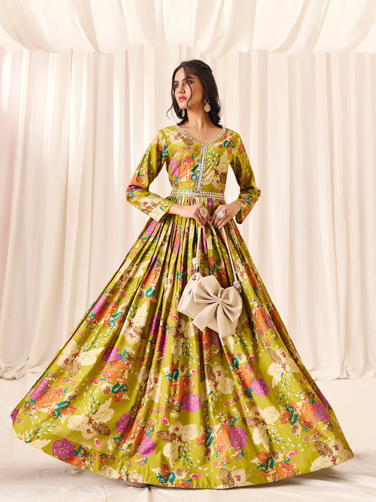 Green Flower Printed Rayon Anarkali Long Gown | Perfect For Parties, Engagements & Weddings