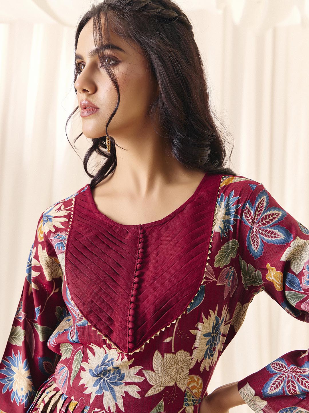 Maroon Flower Printed Rayon Anarkali Long Gown | Perfect For Parties, Engagements & Weddings