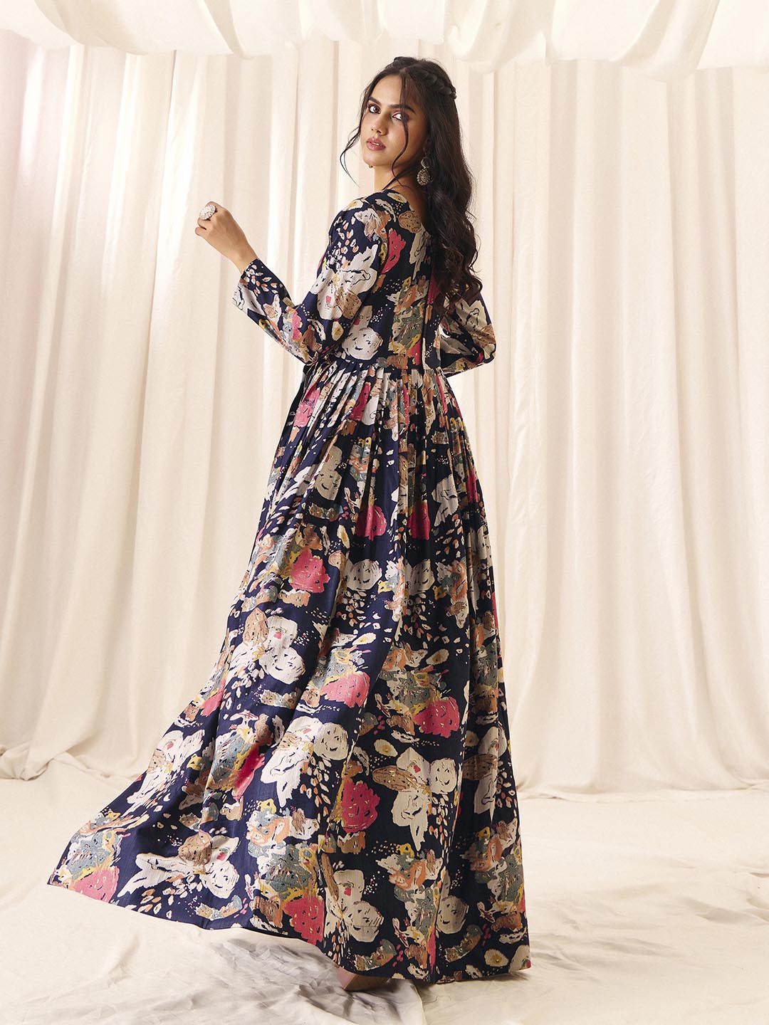 Navy Blue Flower Printed Rayon Anarkali Long Gown | Perfect For Parties, Engagements & Weddings