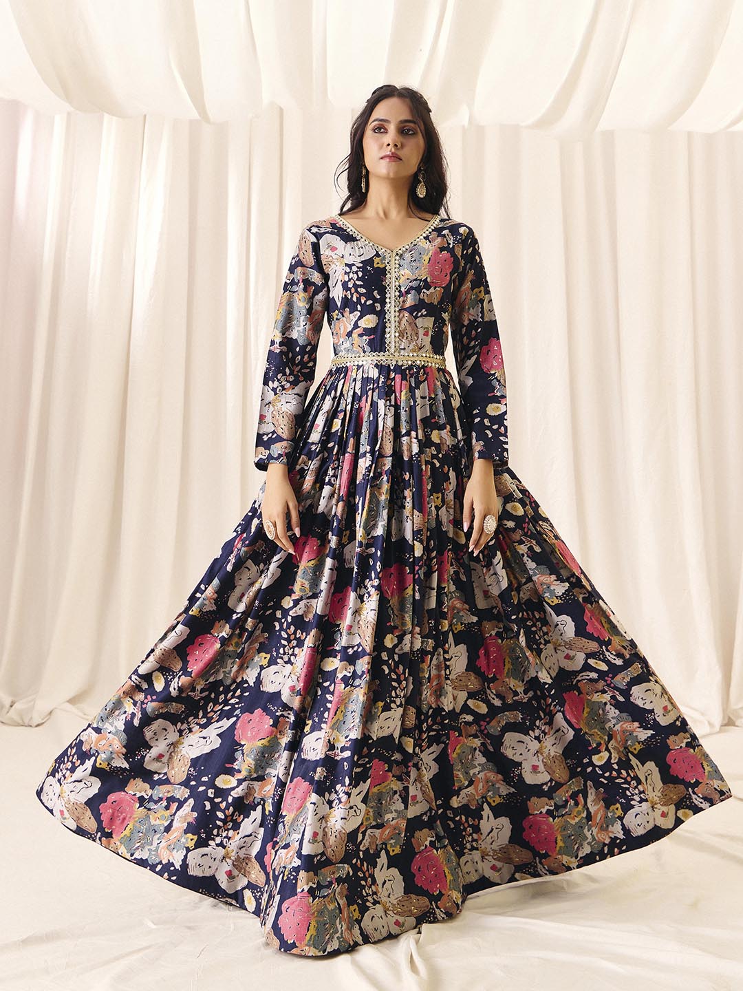 Navy Blue Flower Printed Rayon Anarkali Long Gown | Perfect For Parties, Engagements & Weddings