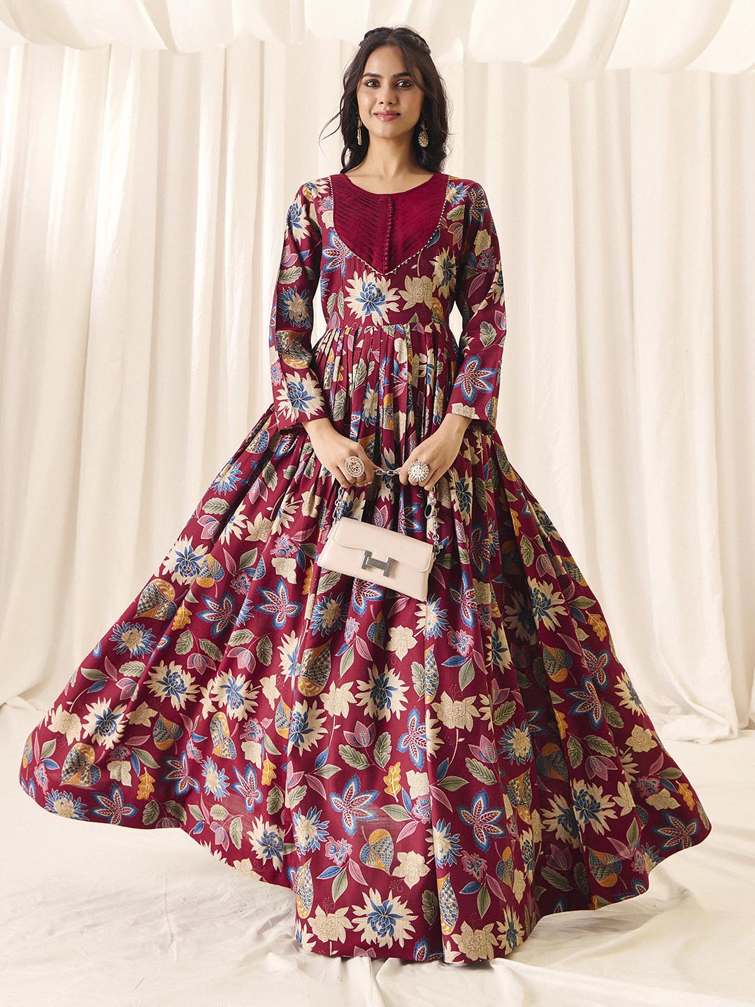 Maroon Flower Printed Rayon Anarkali Long Gown | Perfect For Parties, Engagements & Weddings